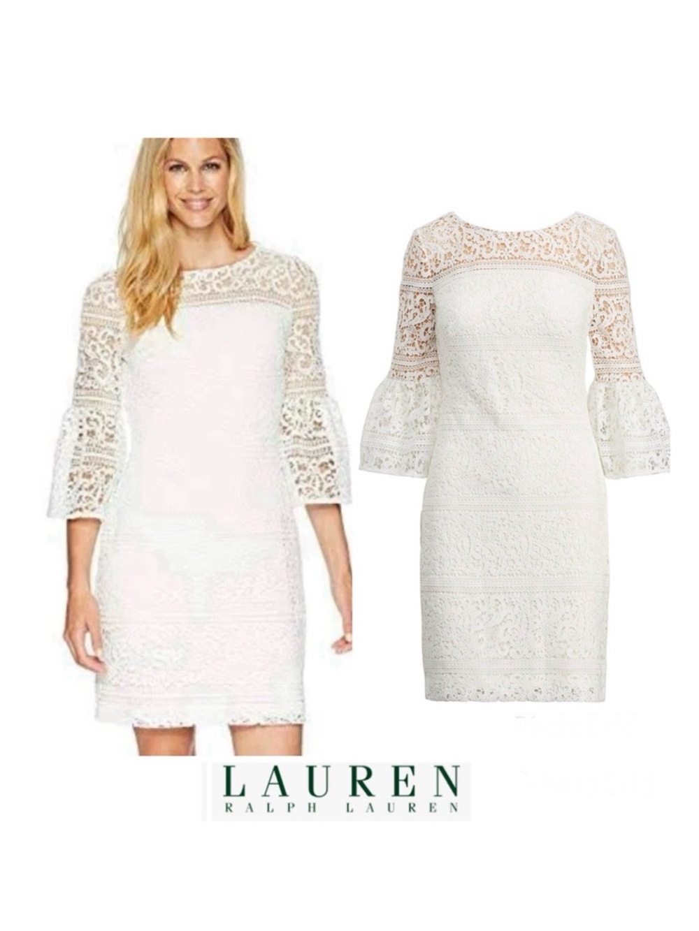 LAUREN RALPH LAUREN White Lace 3/4 Bell Sleeves Classic Boho Mini Dress Sz 16P